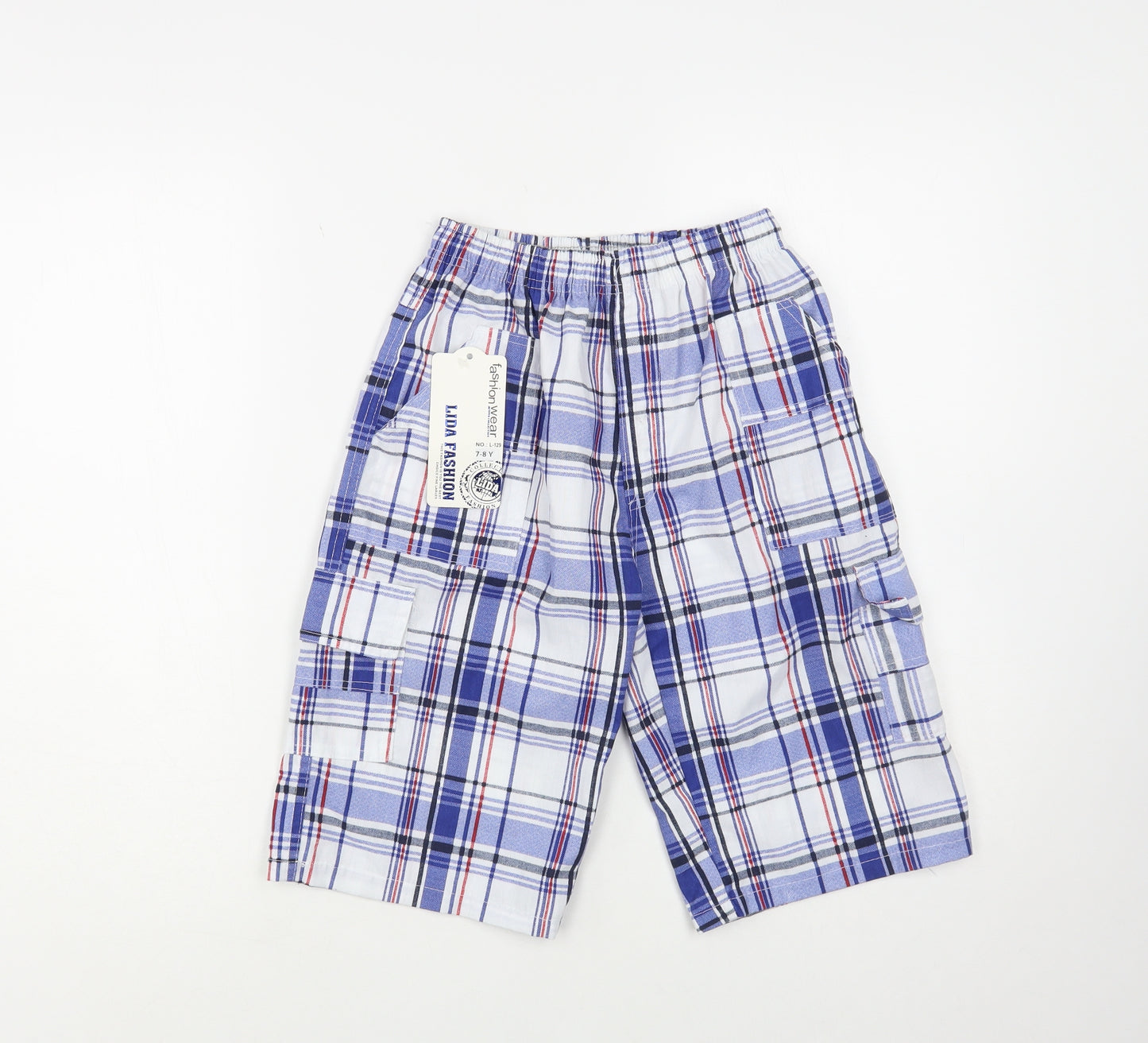 Lida Fashion Boys Multicoloured Plaid Polyester Cargo Shorts Size 7-8 Years Regular Drawstring