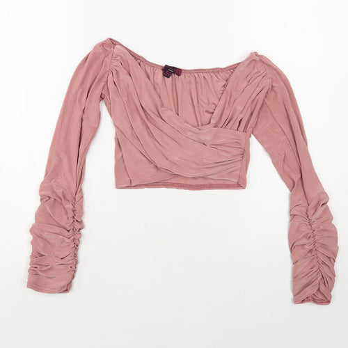 Missi Womens Pink Polyester Cropped Blouse Size 12 V-Neck - Ruched