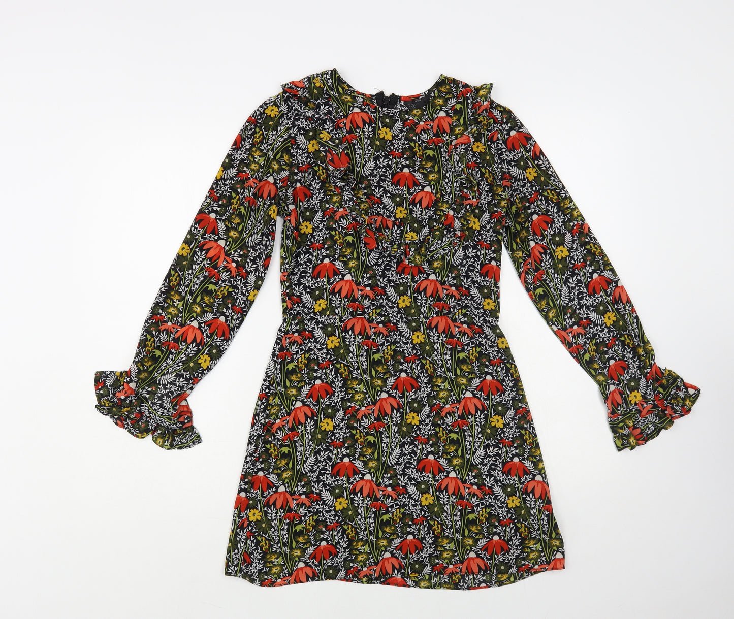 Topshop Womens Multicoloured Floral Polyester Fit & Flare Size 8 Round Neck Zip