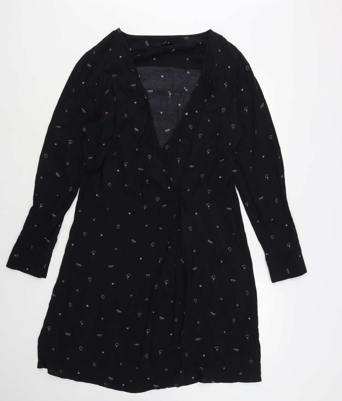 NEXT Womens Black Geometric Viscose Wrap Dress Size 20 V-Neck Button - Clouds And Glasses Print