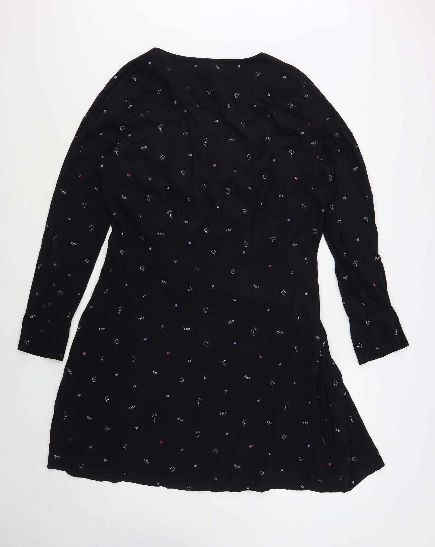 NEXT Womens Black Geometric Viscose Wrap Dress Size 20 V-Neck Button - Clouds And Glasses Print