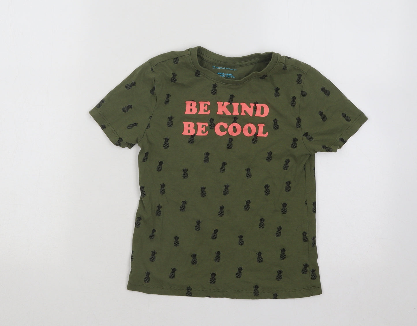 Primark Boys Green Geometric Cotton Basic T-Shirt Size 5-6 Years Round Neck Pullover - Be Kind Be Cool