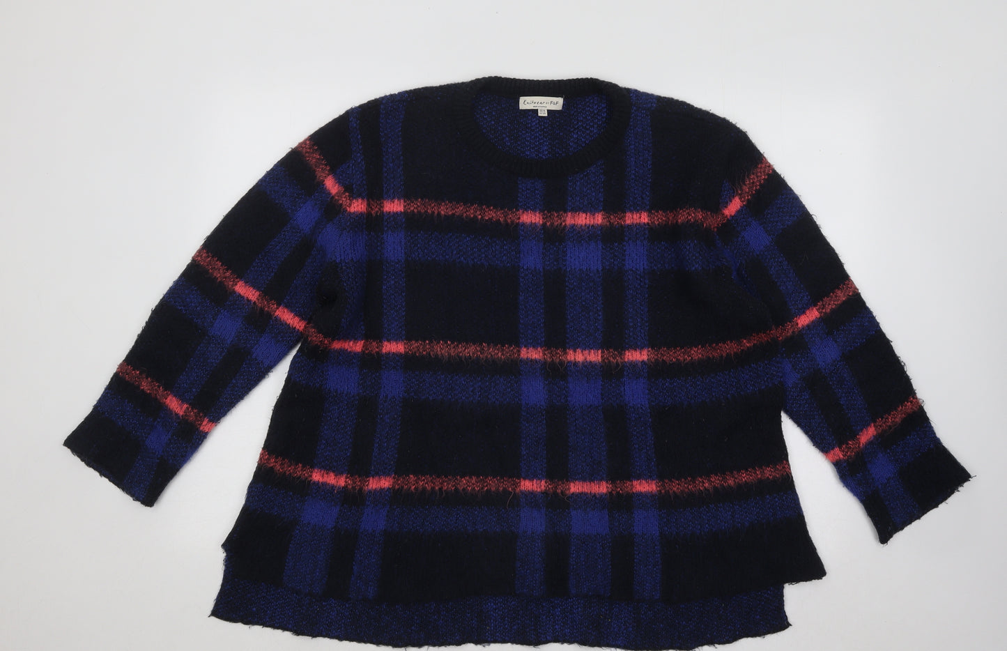 F&F Womens Multicoloured Round Neck Plaid Acrylic Pullover Jumper Size 16