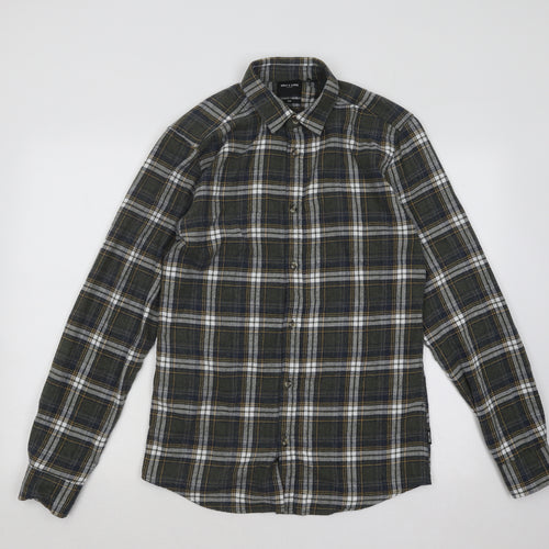 ONLY & SONS Mens Green Plaid Cotton Button-Up Size S Collared Button