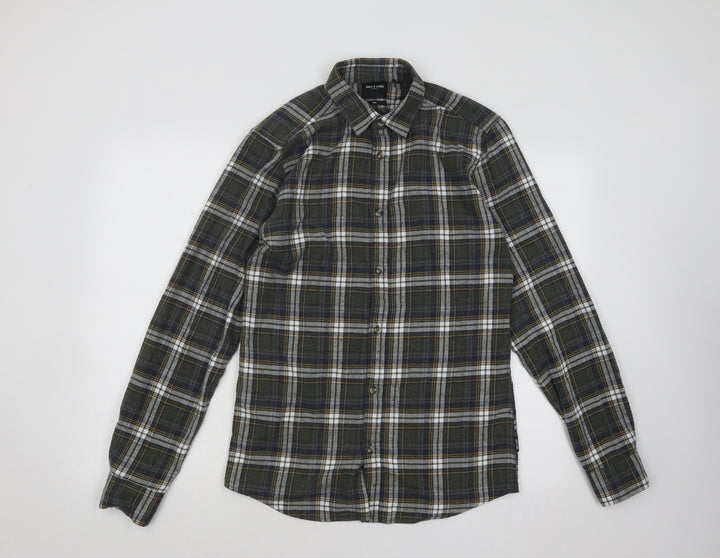 ONLY & SONS Mens Green Plaid Cotton Button-Up Size S Collared Button