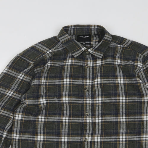 ONLY & SONS Mens Green Plaid Cotton Button-Up Size S Collared Button