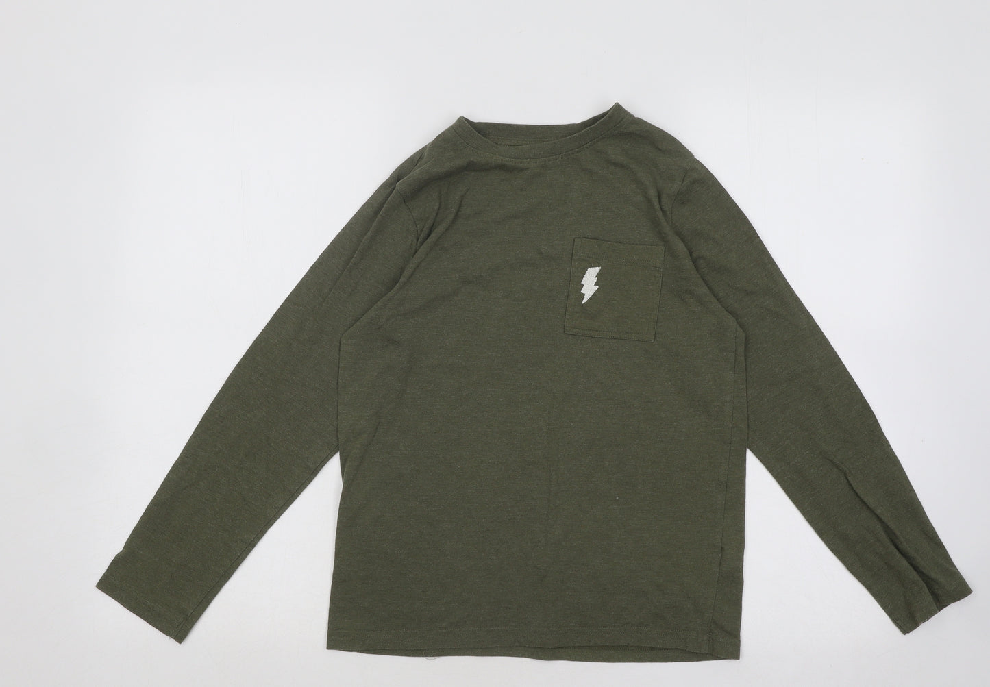 F&F Boys Green Cotton Basic T-Shirt Size 11-12 Years Round Neck Pullover - Lightening Bolt