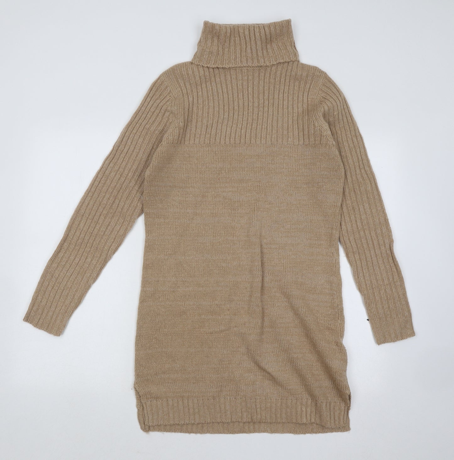 New Look Womens Beige Acrylic Jumper Dress Size 12 Roll Neck Pullover