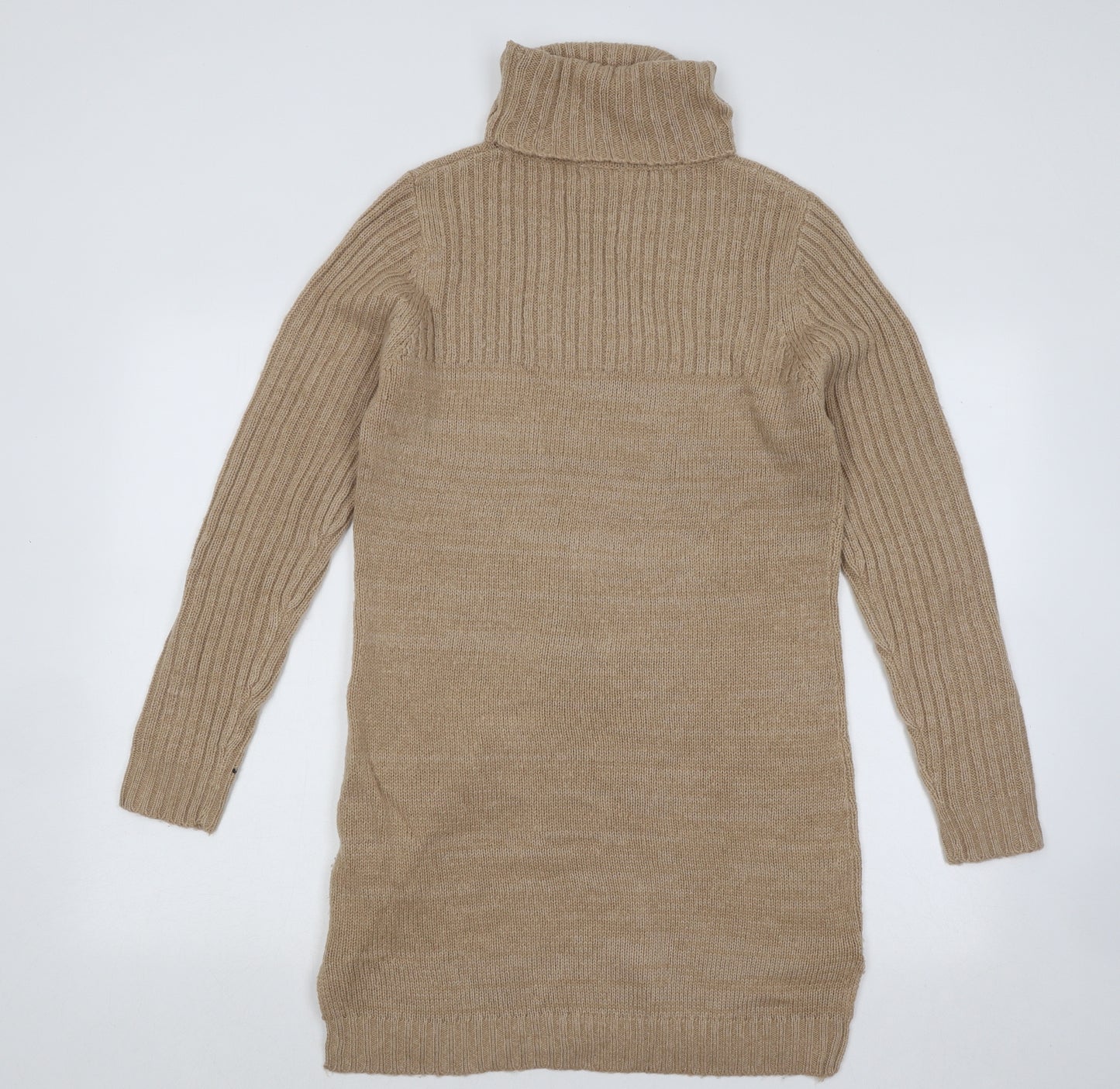 New Look Womens Beige Acrylic Jumper Dress Size 12 Roll Neck Pullover