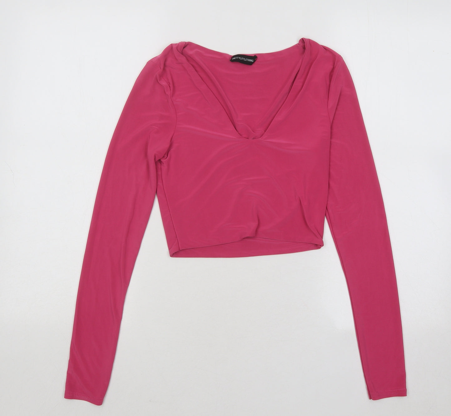 PRETTYLITTLETHING Womens Pink Polyester Cropped T-Shirt Size 8 Scoop Neck