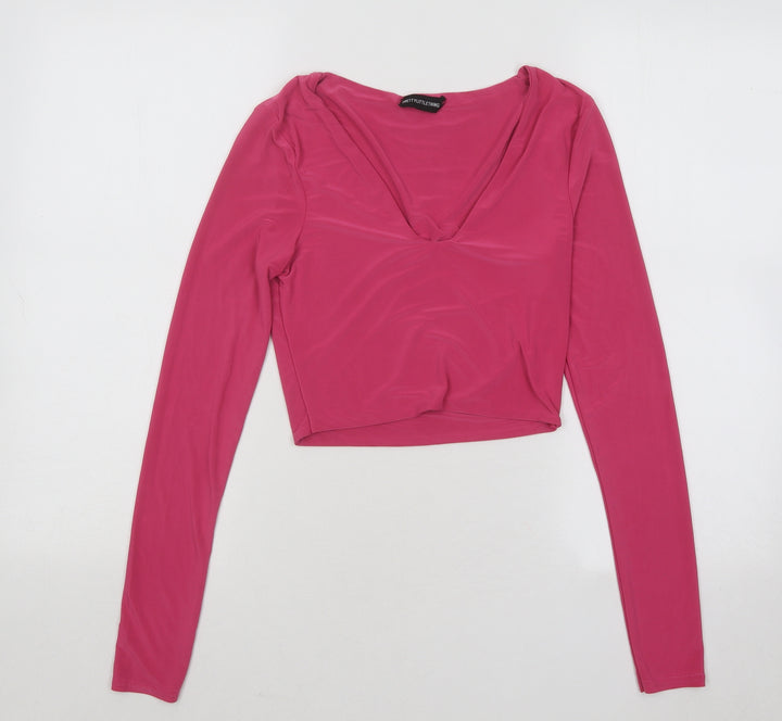 PRETTYLITTLETHING Womens Pink Polyester Cropped T-Shirt Size 8 Scoop Neck