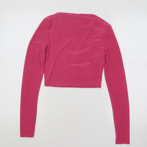 PRETTYLITTLETHING Womens Pink Polyester Cropped T-Shirt Size 8 Scoop Neck