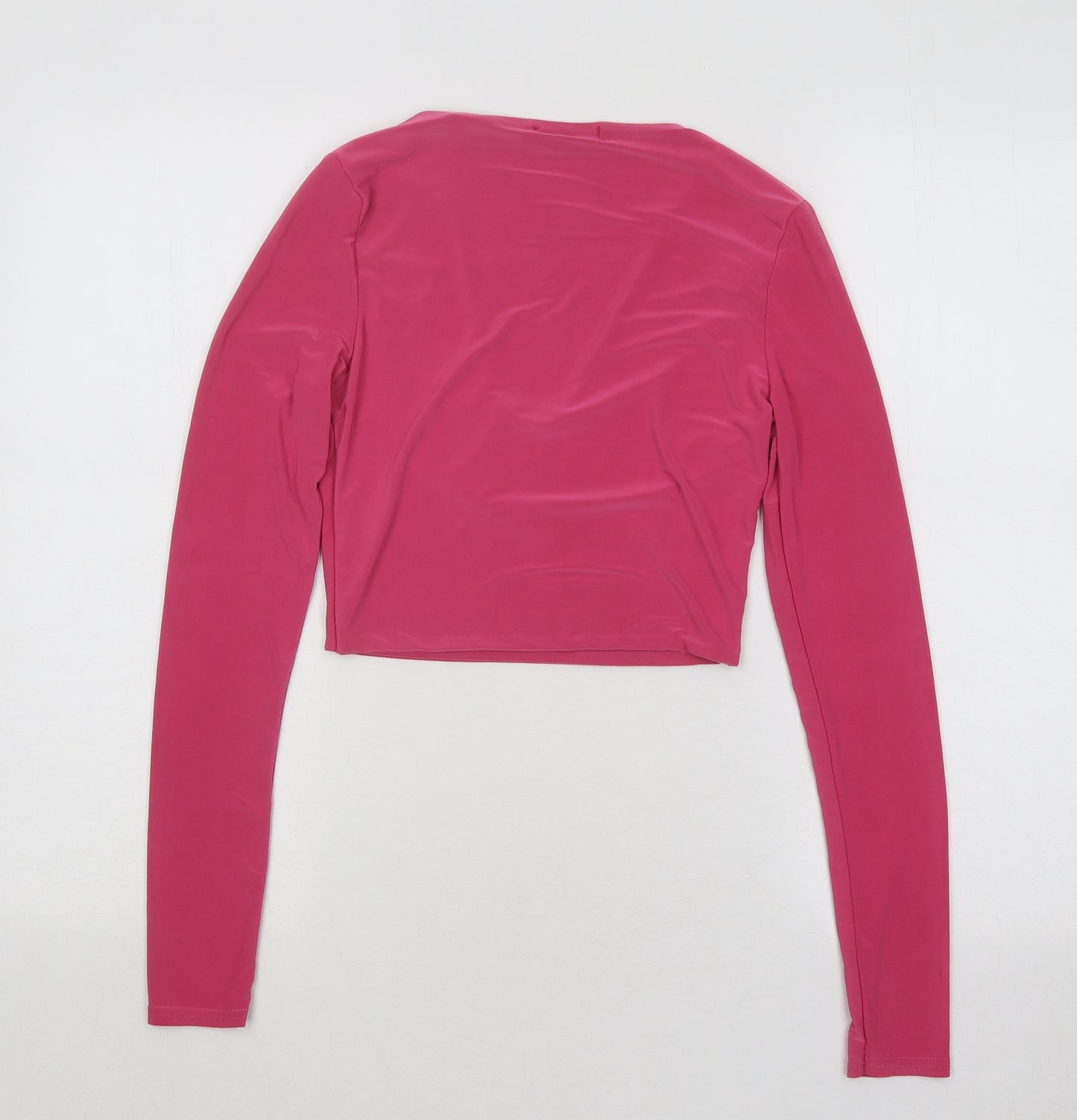PRETTYLITTLETHING Womens Pink Polyester Cropped T-Shirt Size 8 Scoop Neck