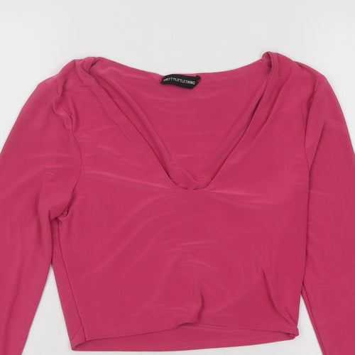 PRETTYLITTLETHING Womens Pink Polyester Cropped T-Shirt Size 8 Scoop Neck