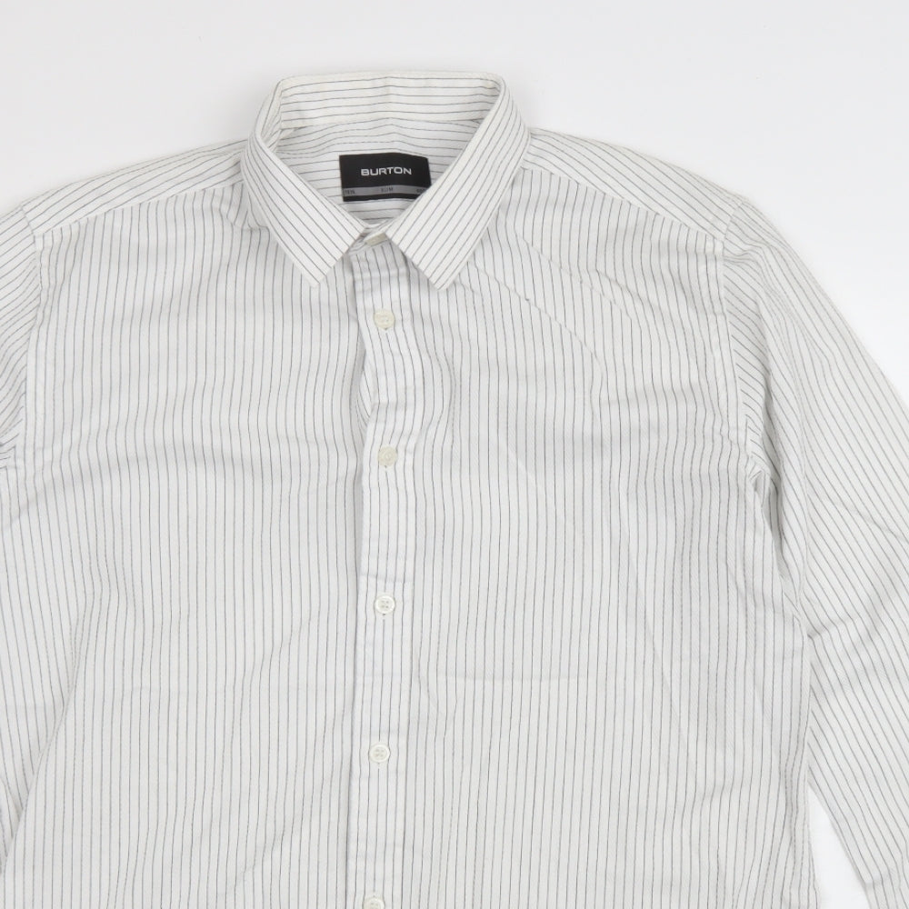 Burton Mens White Striped Polyester Blend Button-Up Size M Collared Button