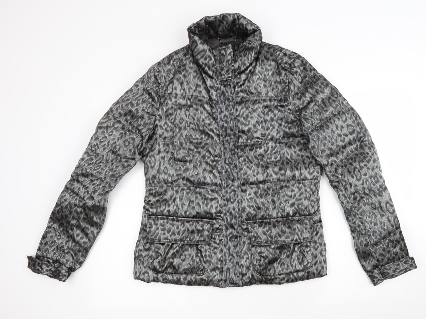Zara Woman Womens Grey Animal Print Puffer Jacket Coat Size M Zip