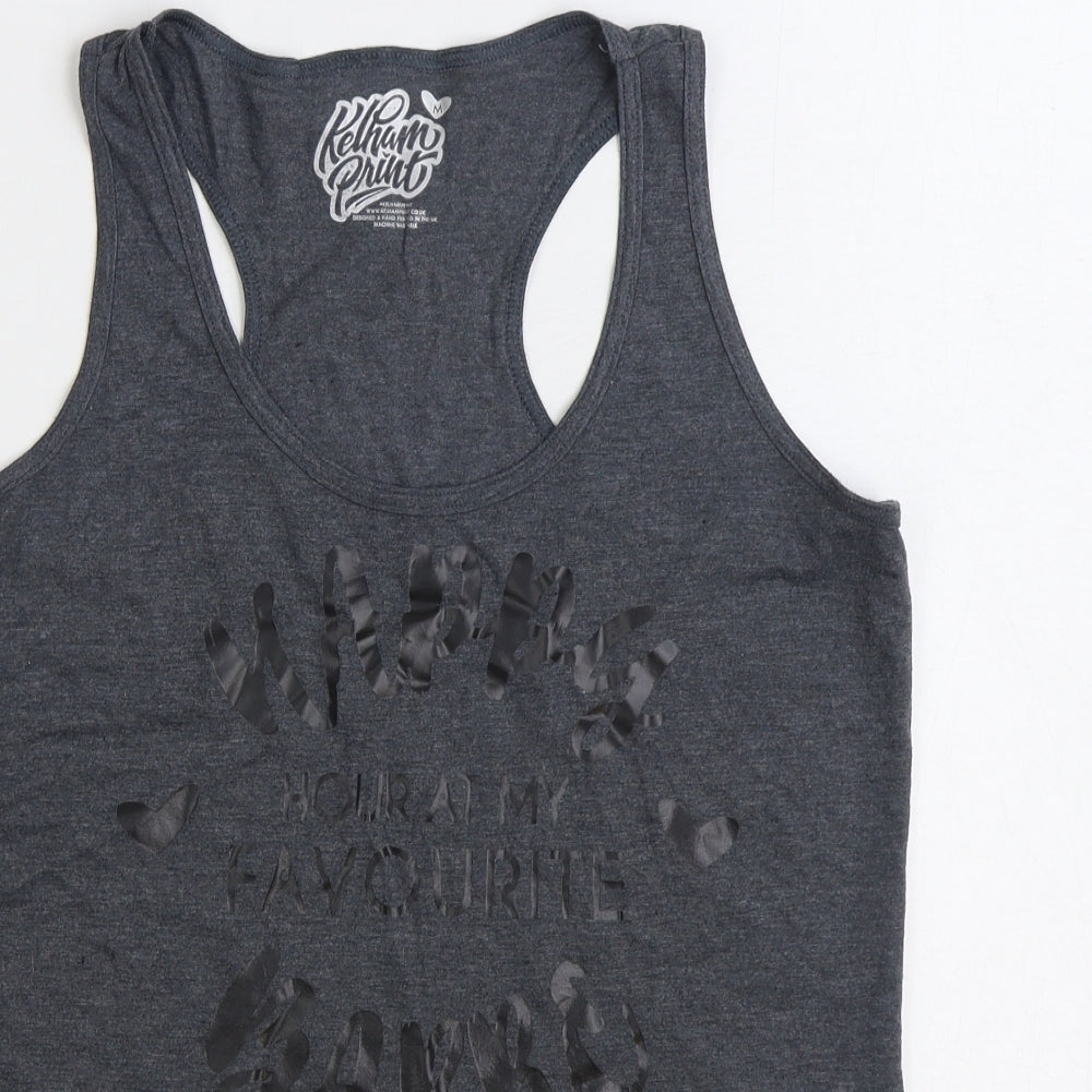 Kelham Print Womens Grey 100% Cotton Basic Tank Size M Scoop Neck - Happy Slogan