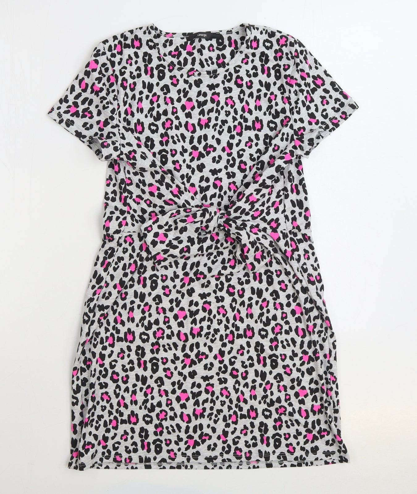 George Girls Multicoloured Animal Print Cotton T-Shirt Dress Size 12-13 Years Round Neck Pullover - Knot Front Leopard Print