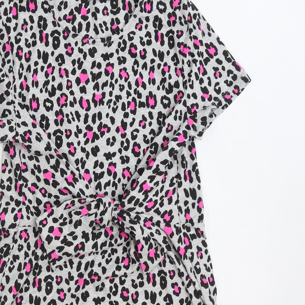 George Girls Multicoloured Animal Print Cotton T-Shirt Dress Size 12-13 Years Round Neck Pullover - Knot Front Leopard Print