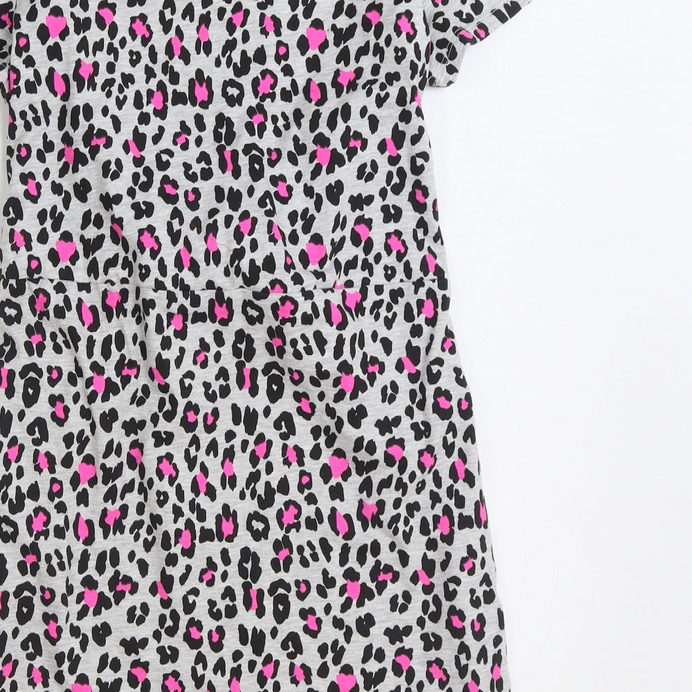 George Girls Multicoloured Animal Print Cotton T-Shirt Dress Size 12-13 Years Round Neck Pullover - Knot Front Leopard Print