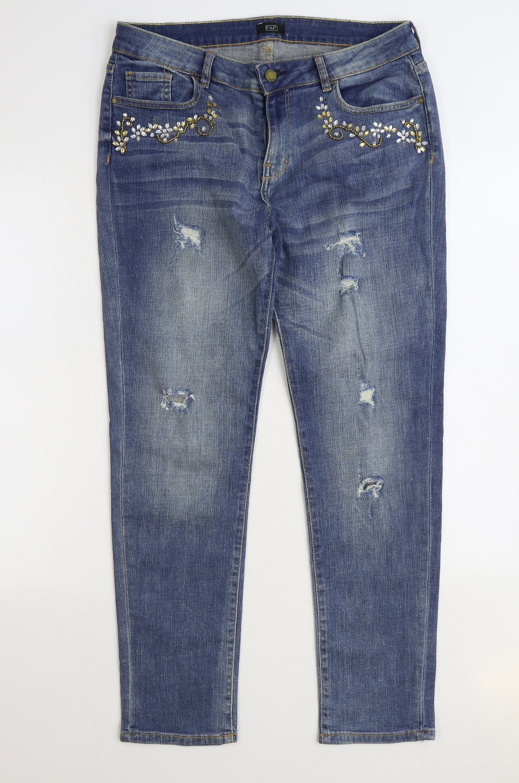F&F Womens Blue Cotton Straight Jeans Size 12 L29 in Regular Zip