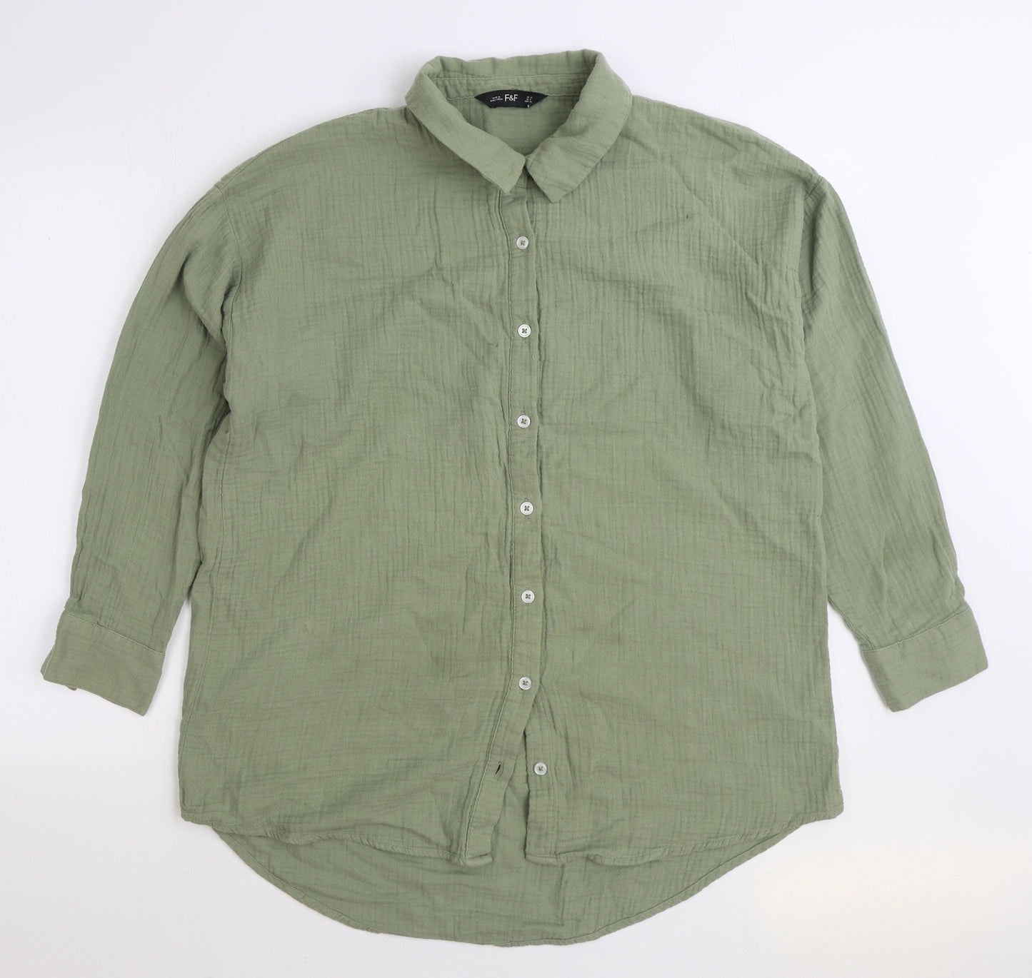 F&F Womens Green Cotton Basic Button-Up Size 12 Collared