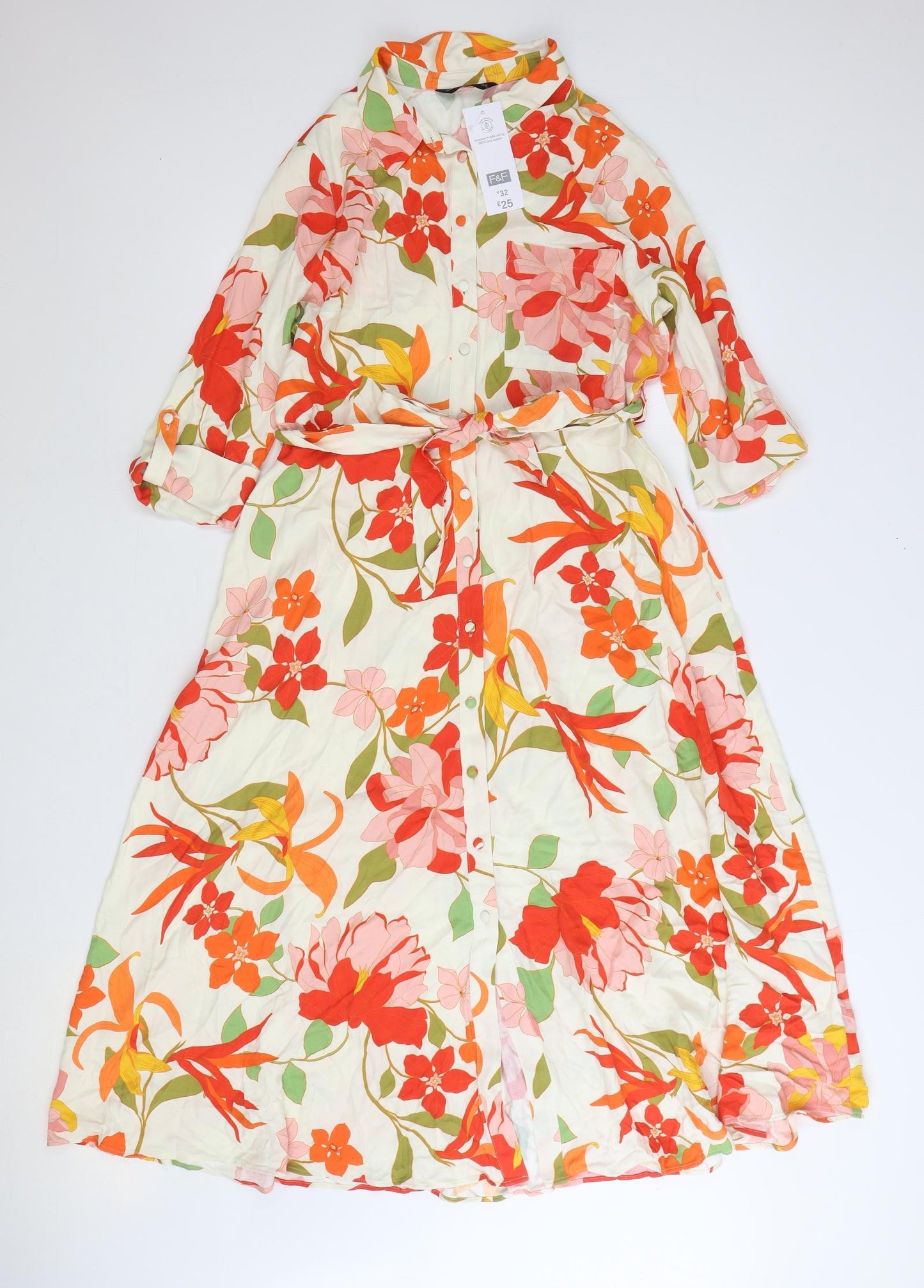 F&F Womens Multicoloured Floral Viscose Shirt Dress Size 14 Collared Button