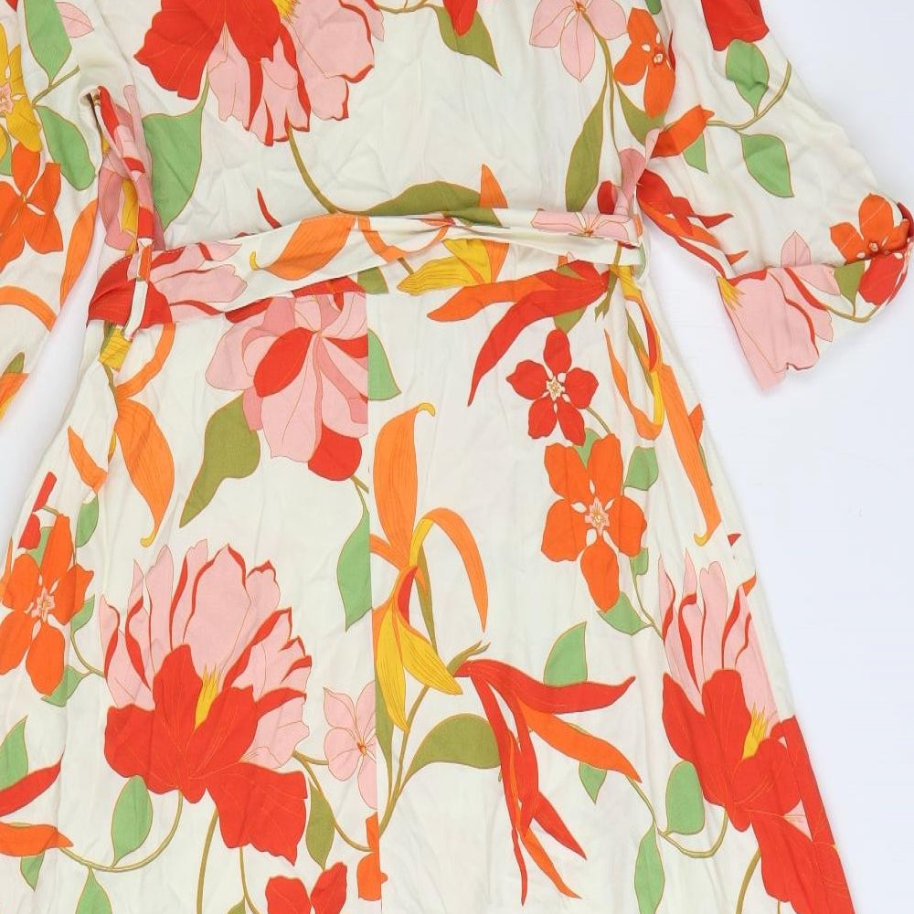 F&F Womens Multicoloured Floral Viscose Shirt Dress Size 14 Collared Button