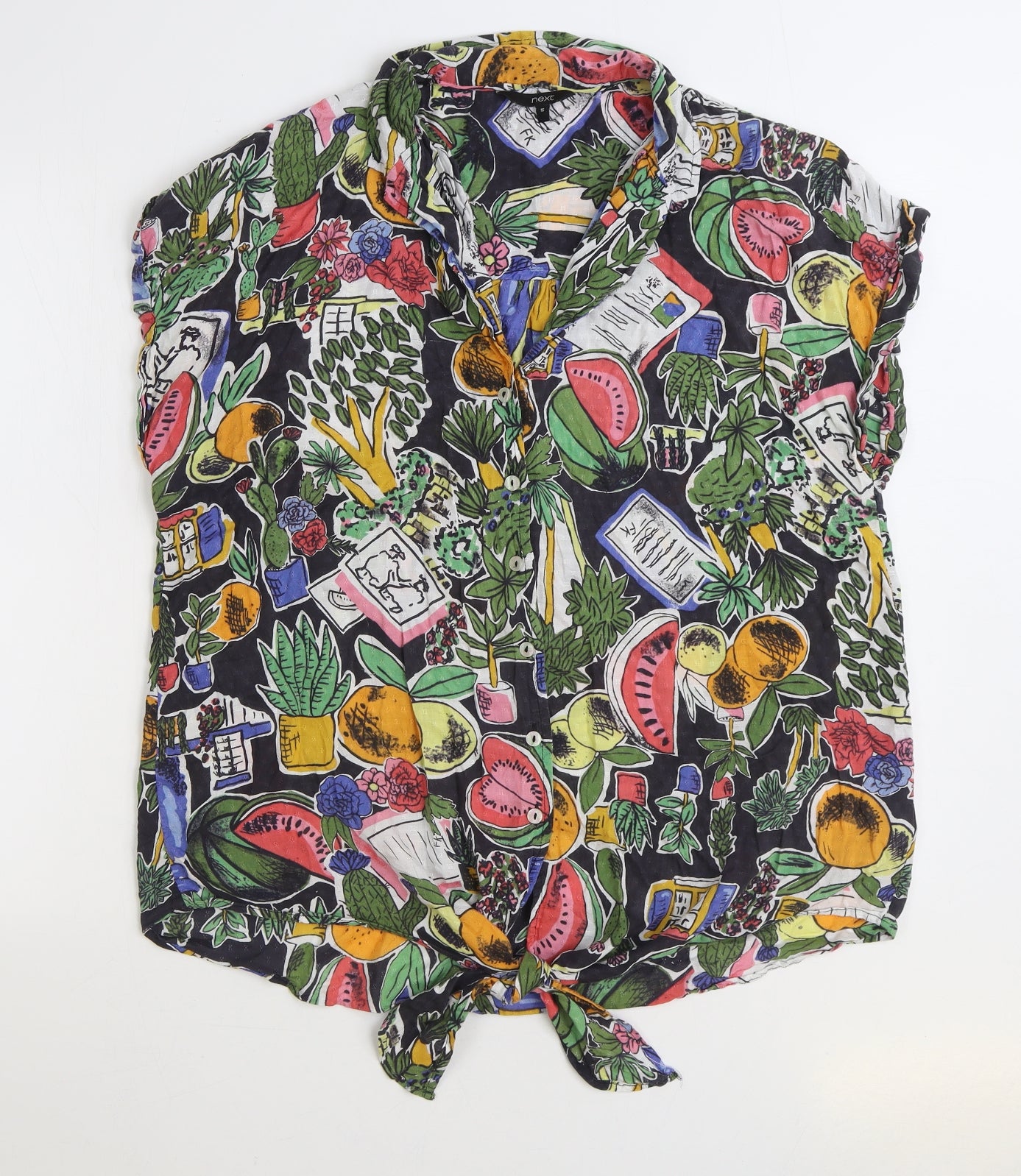 NEXT Womens Multicoloured Geometric Viscose Basic Button-Up Size 16 V-Neck - Fruit Print Knot Front