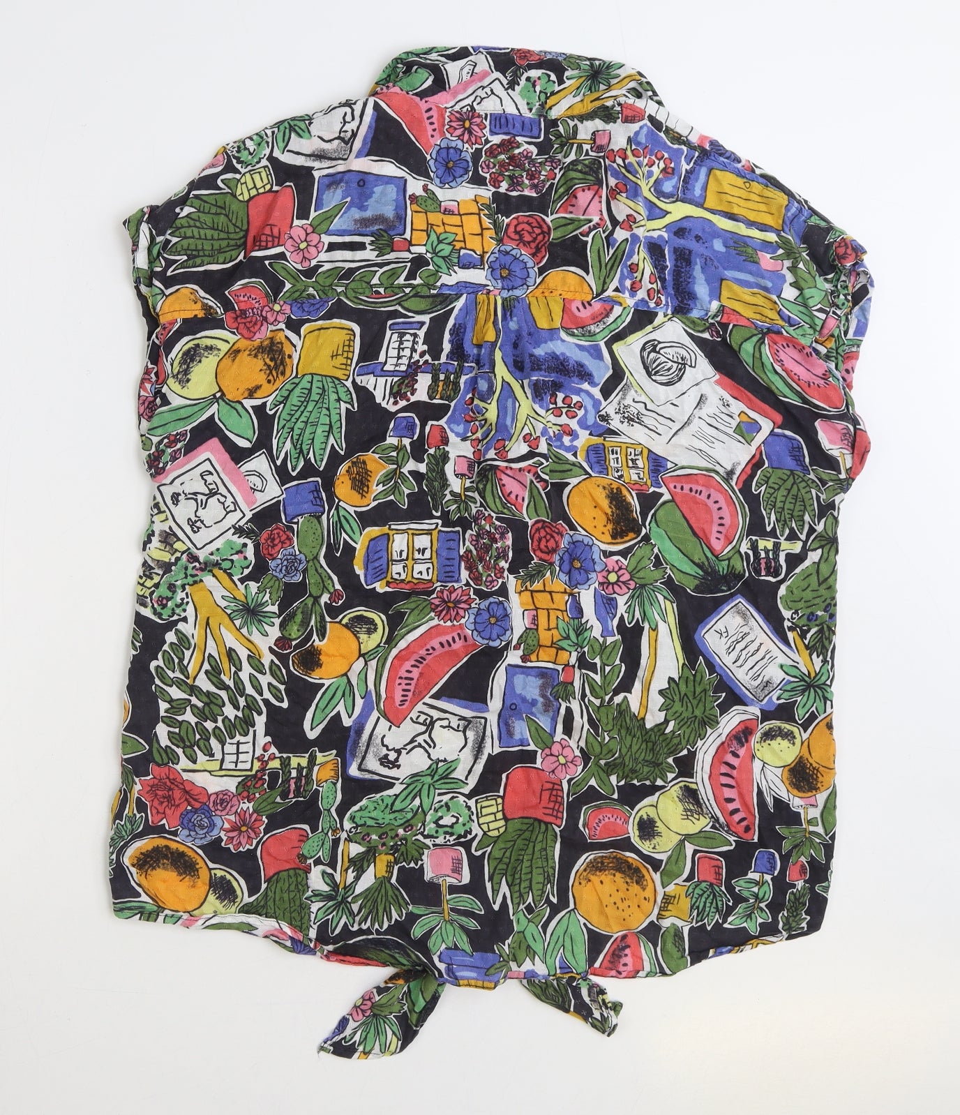 NEXT Womens Multicoloured Geometric Viscose Basic Button-Up Size 16 V-Neck - Fruit Print Knot Front