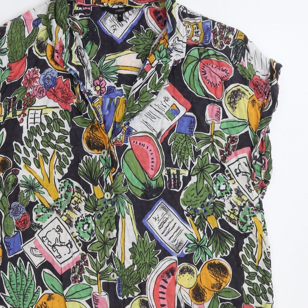 NEXT Womens Multicoloured Geometric Viscose Basic Button-Up Size 16 V-Neck - Fruit Print Knot Front