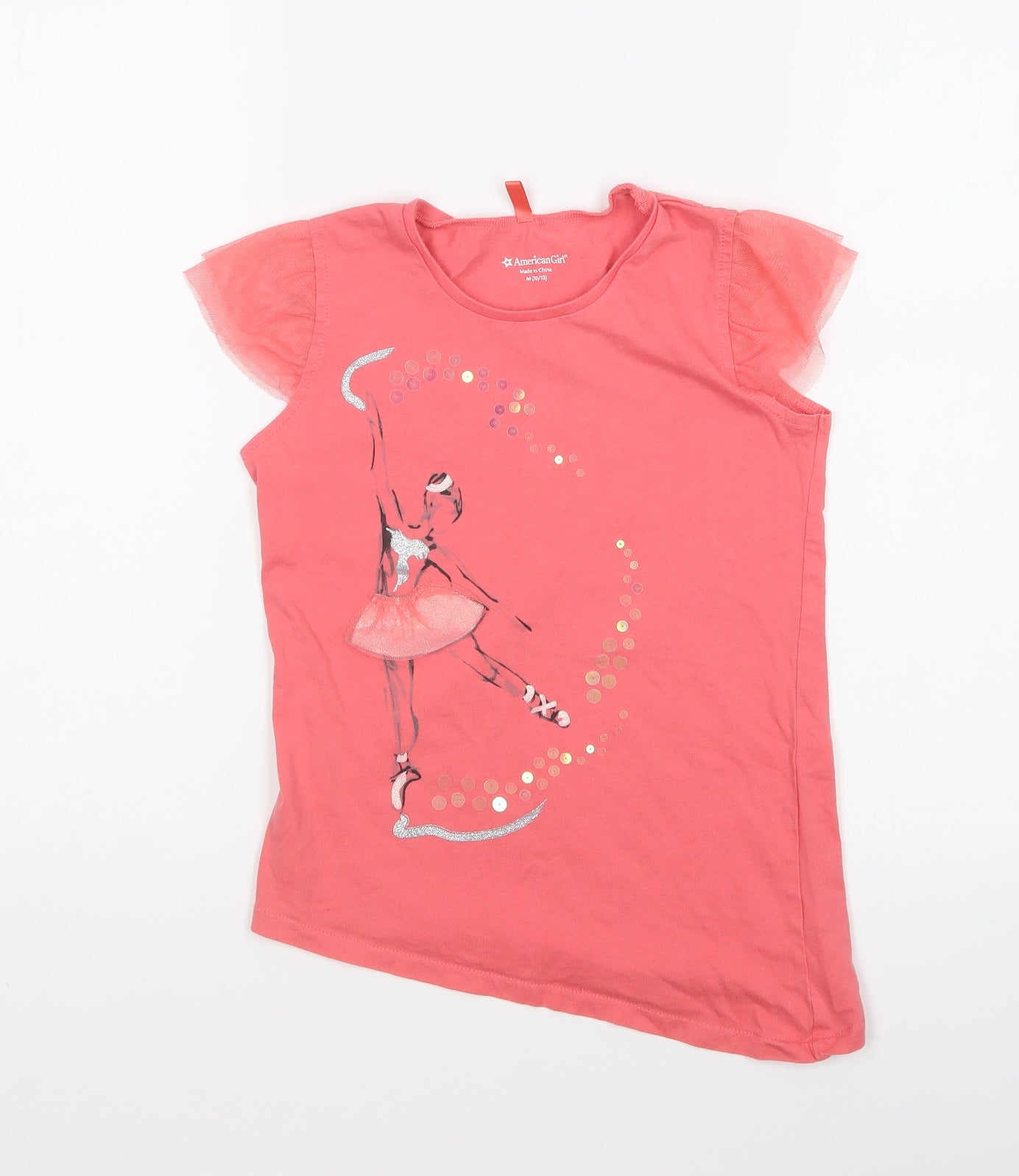American Girl Girls Pink Cotton Basic T-Shirt Size 10-11 Years Round Neck Pullover - Ballerina. Mesh Sleeves.