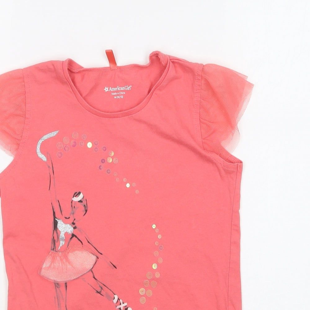 American Girl Girls Pink Cotton Basic T-Shirt Size 10-11 Years Round Neck Pullover - Ballerina. Mesh Sleeves.