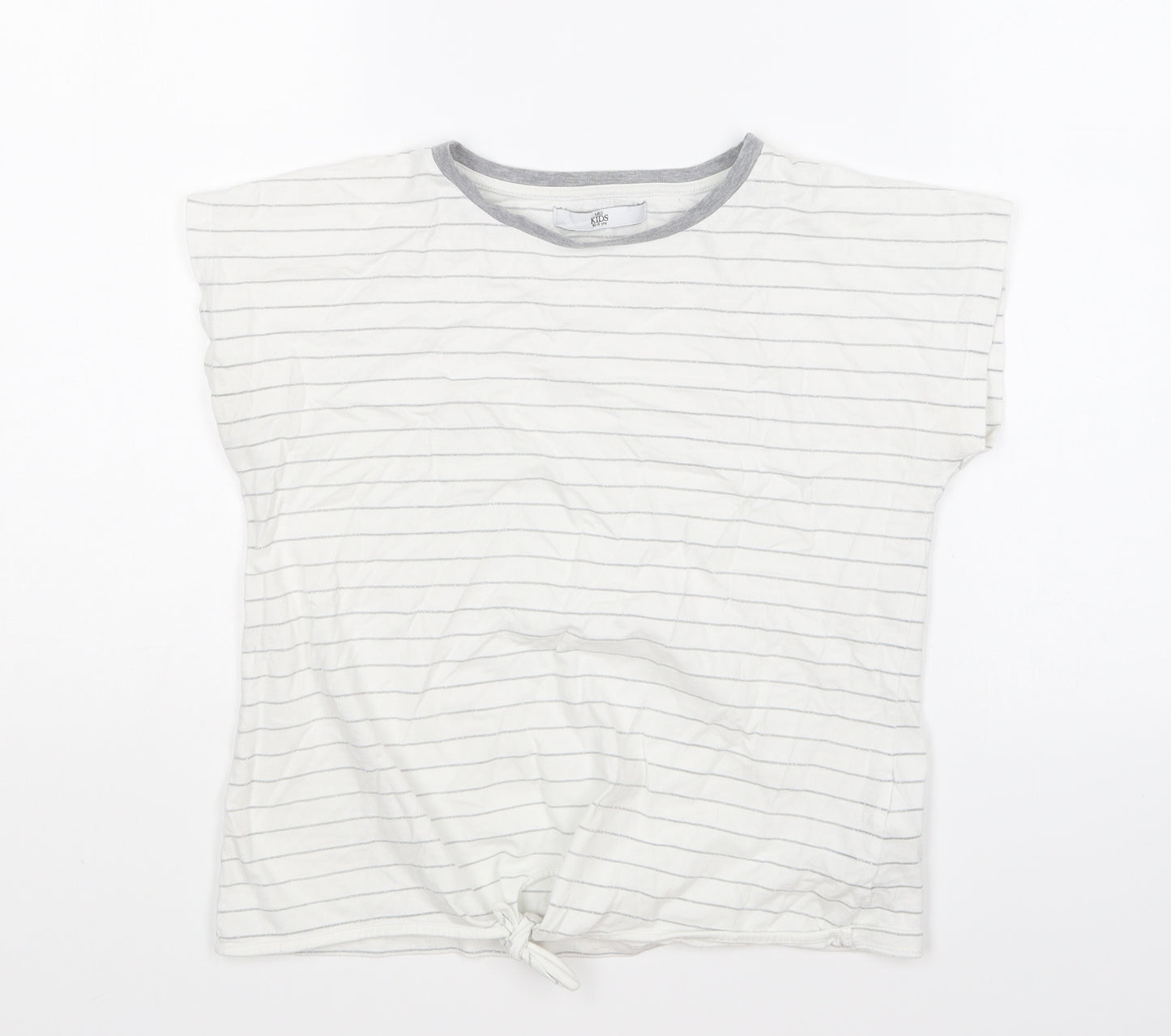 Marks and Spencer Girls White Striped Polyester Basic T-Shirt Size 10-11 Years Round Neck Pullover - Tie Front