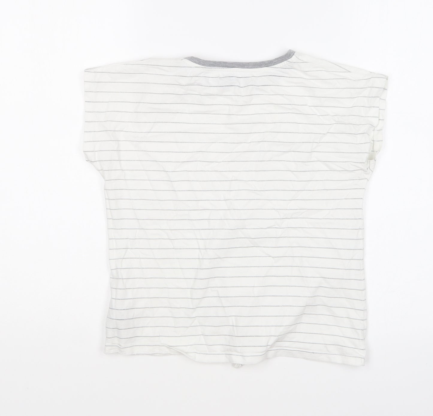 Marks and Spencer Girls White Striped Polyester Basic T-Shirt Size 10-11 Years Round Neck Pullover - Tie Front