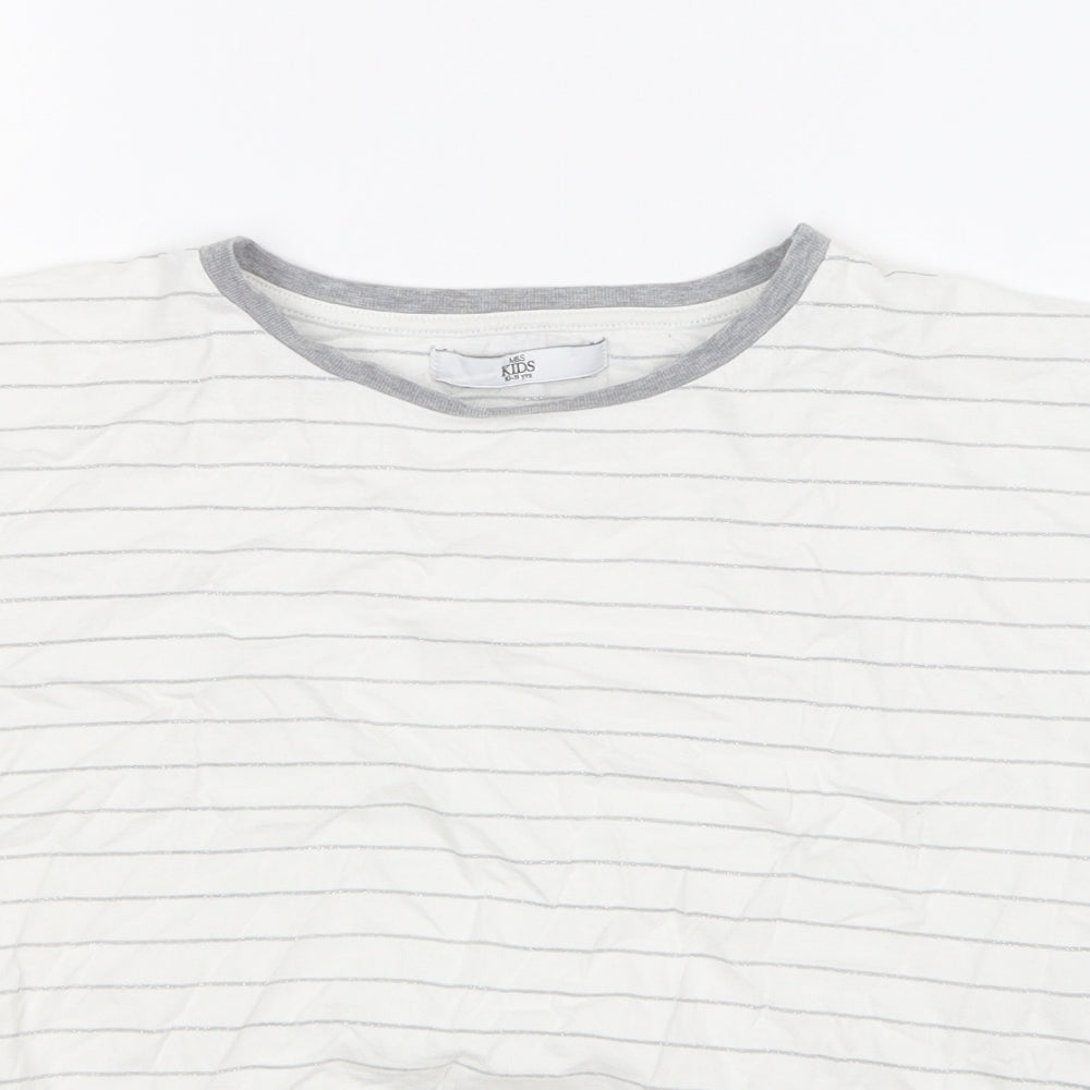 Marks and Spencer Girls White Striped Polyester Basic T-Shirt Size 10-11 Years Round Neck Pullover - Tie Front