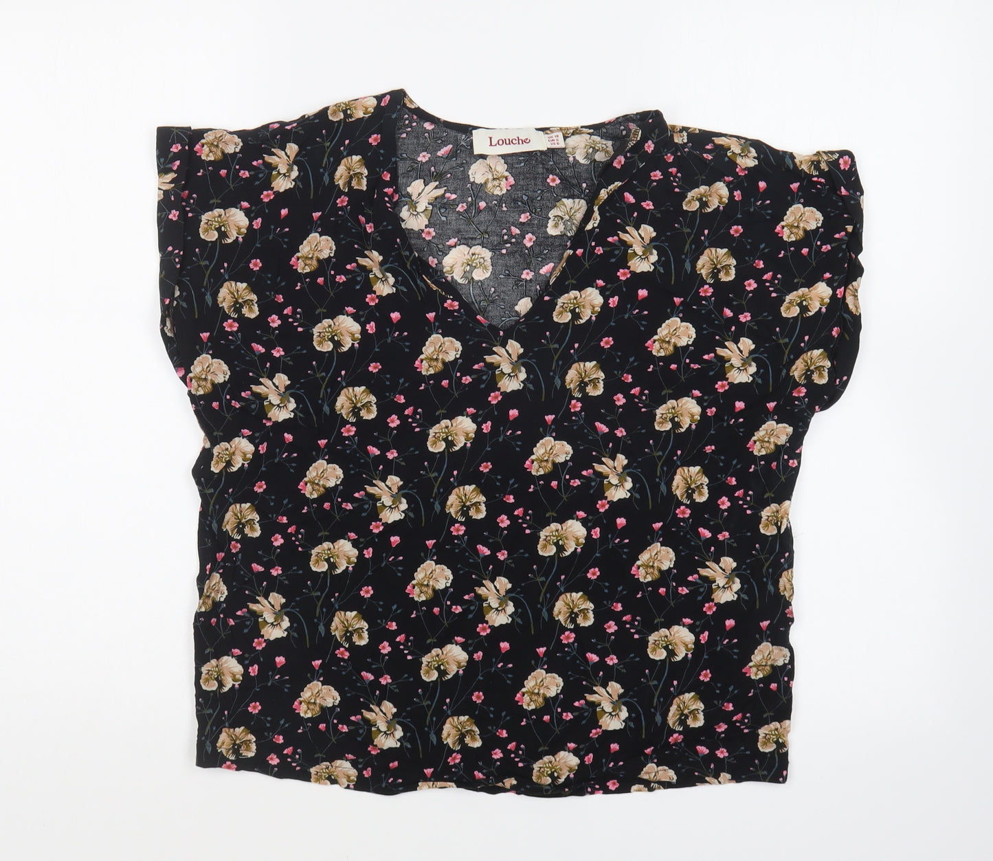 Louche Womens Black Floral Viscose Basic Blouse Size 10 V-Neck