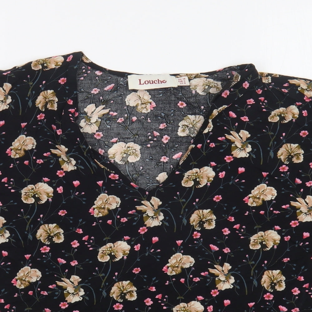 Louche Womens Black Floral Viscose Basic Blouse Size 10 V-Neck