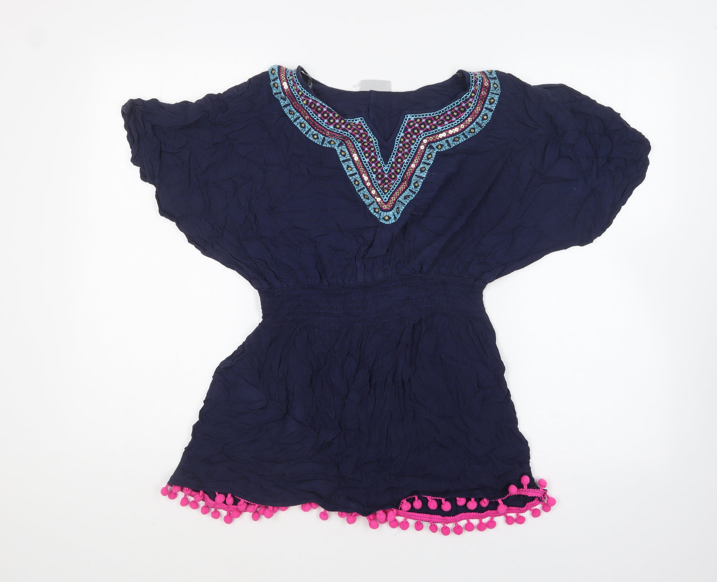 Matalan Girls Blue Viscose Basic Blouse Size 12 Years V-Neck Pullover