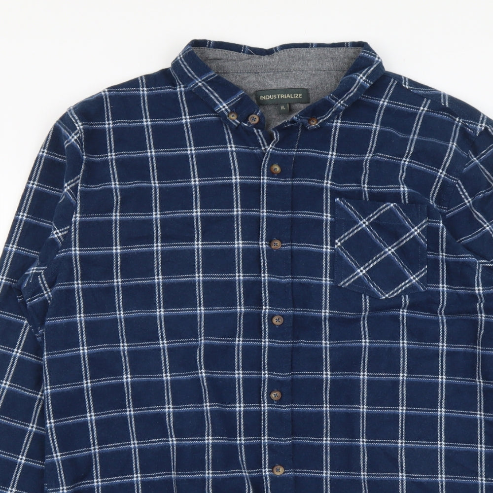 Industrialize Mens Blue Plaid Cotton Button-Up Size XL Collared Button