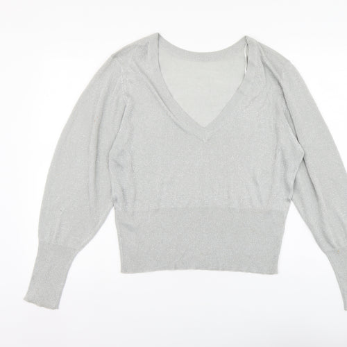 VILA Womens Silver V-Neck Viscose Henley Jumper Size L