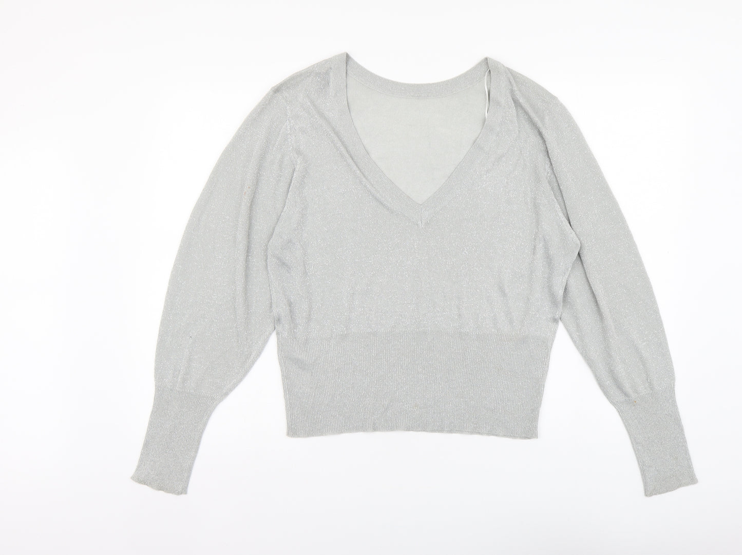 VILA Womens Silver V-Neck Viscose Henley Jumper Size L