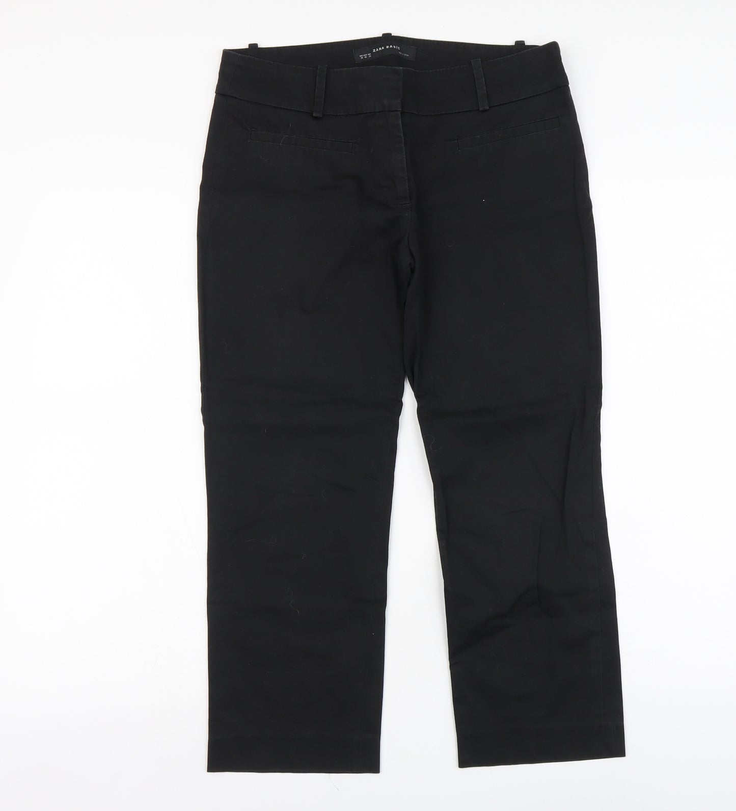 Zara Womens Black Cotton Cropped Trousers Size M L22 in Regular Button