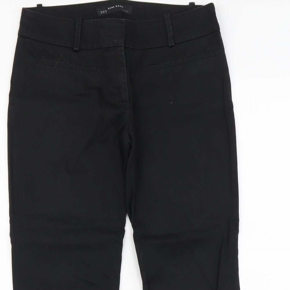 Zara Womens Black Cotton Cropped Trousers Size M L22 in Regular Button