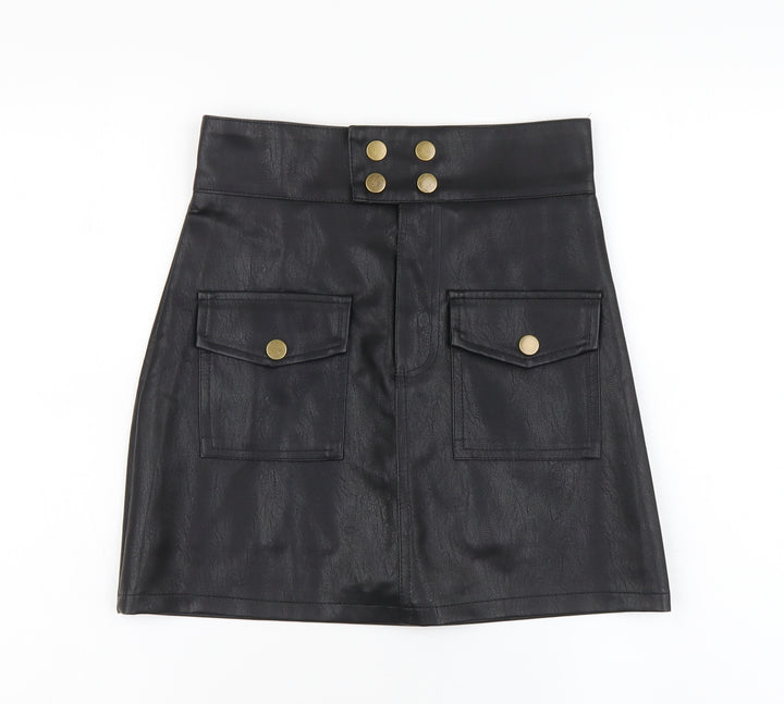 Preworn Womens Black Polyester Mini Skirt Size M Button