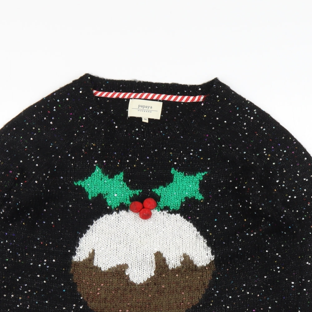 Papaya Womens Black Round Neck Acrylic Pullover Jumper Size M - ChristmasPudding
