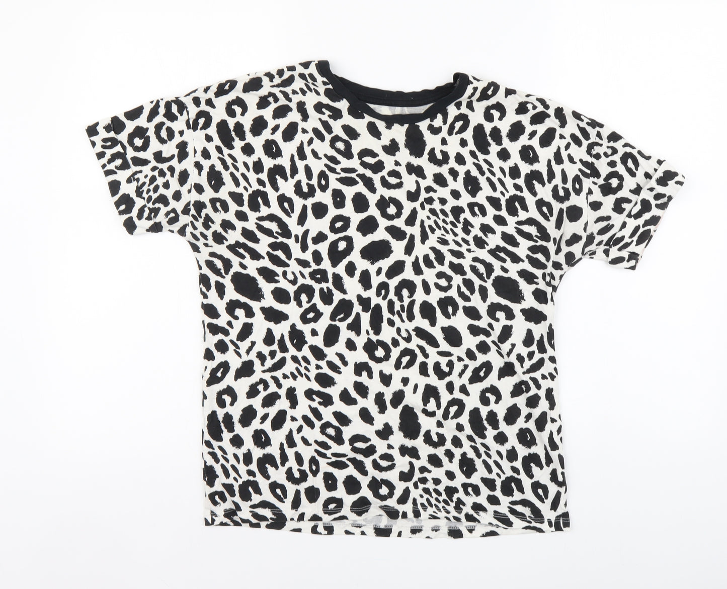 F&F Womens Black Animal Print Cotton Basic T-Shirt Size 8 Round Neck - Leopard print