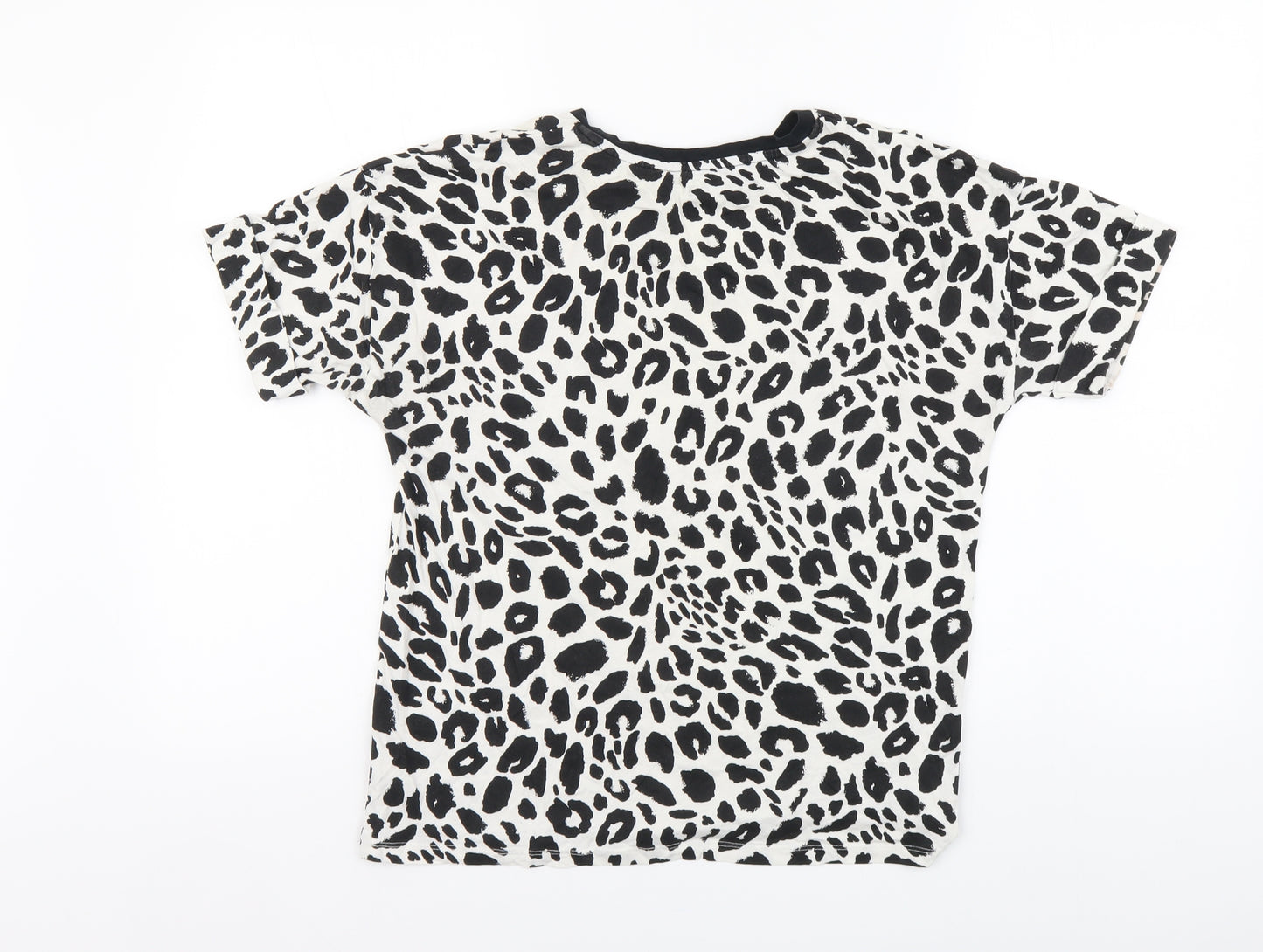F&F Womens Black Animal Print Cotton Basic T-Shirt Size 8 Round Neck - Leopard print