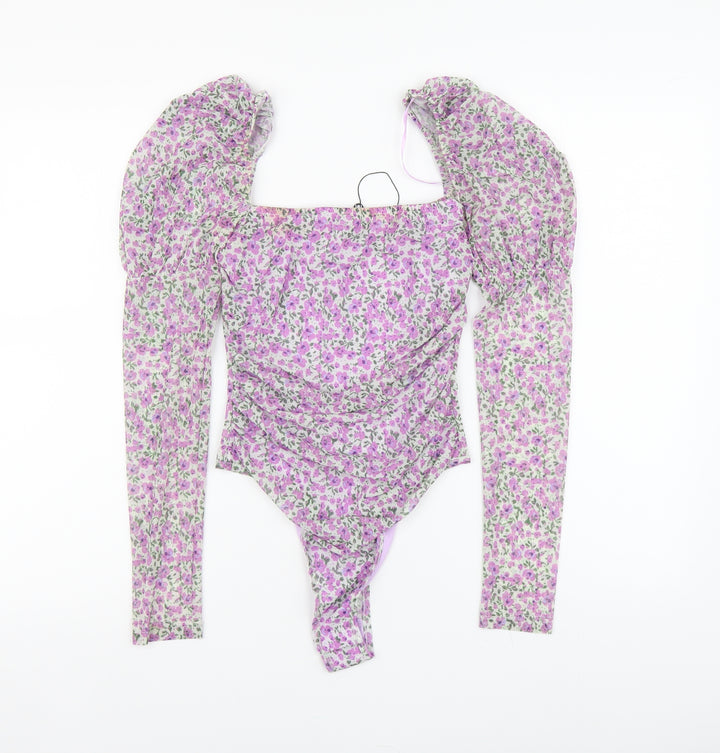 Naanaa Womens Purple Floral Polyester Bodysuit One-Piece Size 8 Button