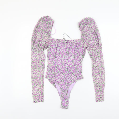 Naanaa Womens Purple Floral Polyester Bodysuit One-Piece Size 8 Button